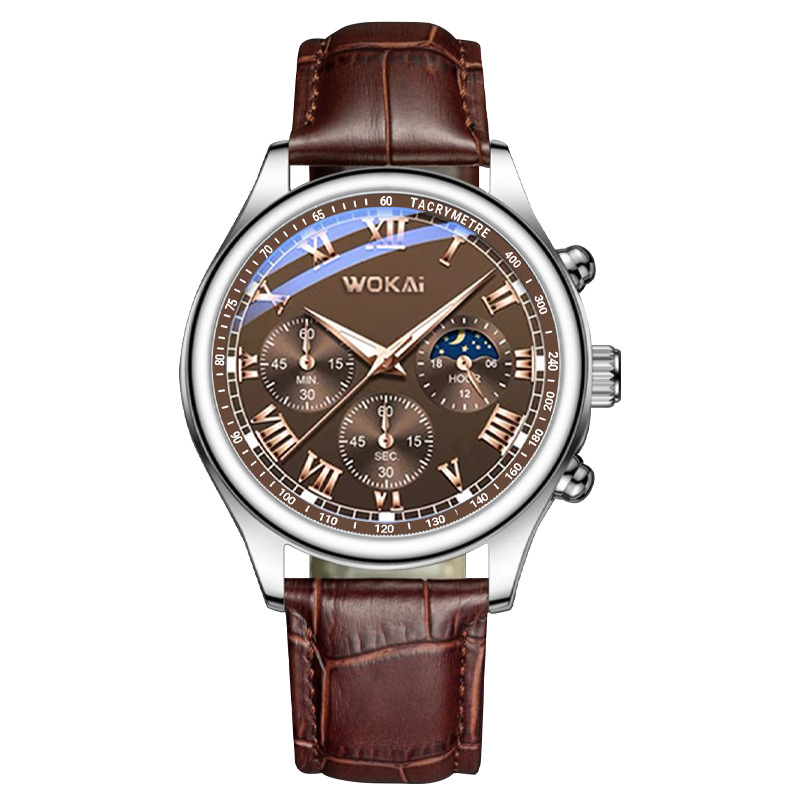 Men'S Fashion Quartz Watch Wokai - WOKAI-براون حزام من الجلد ساعة للرجال