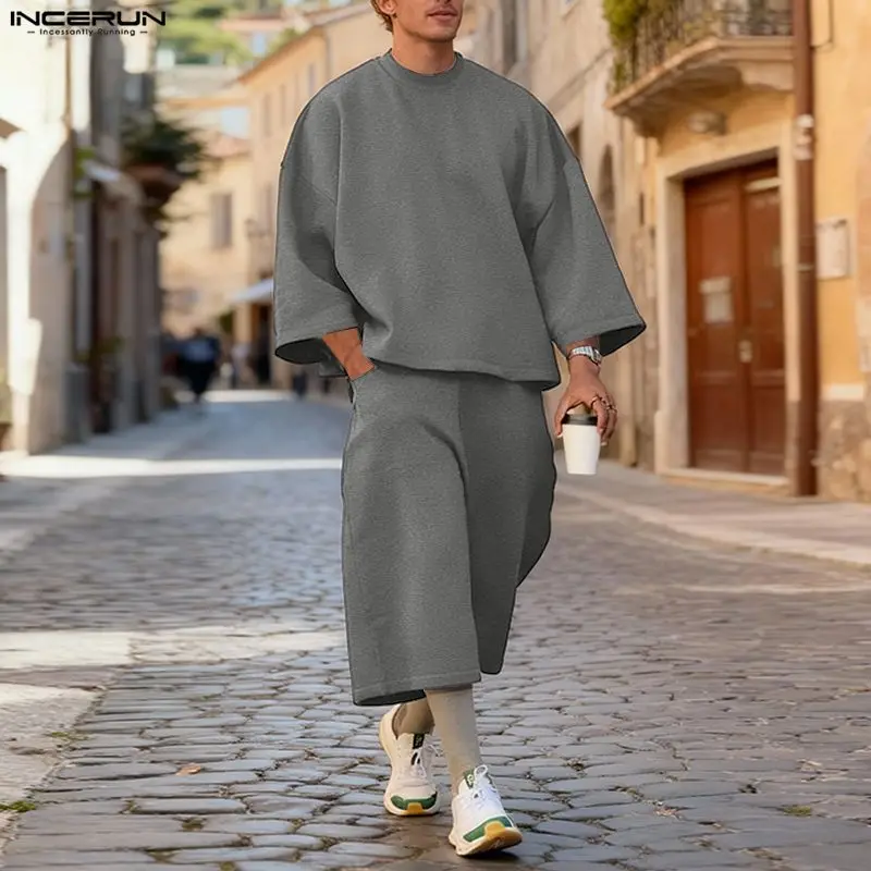Mens Fashion Streetwear - طقم رجالي من INCERUN بلون موحد،