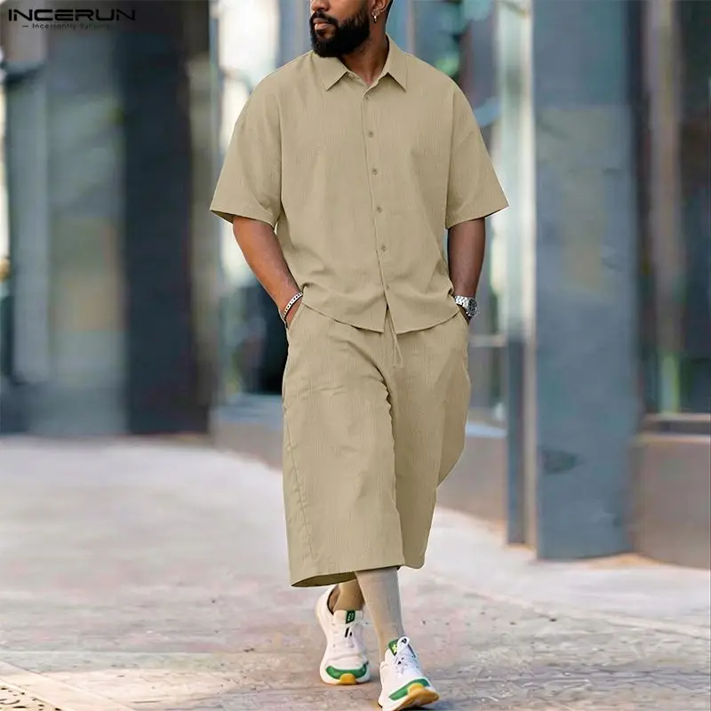 Mens Fashion Streetwear - طقم رجالي من INCERUN، قميص بأكمام